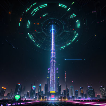Futuristic cyberpunk city with glowing neon lights at Digitalの素材