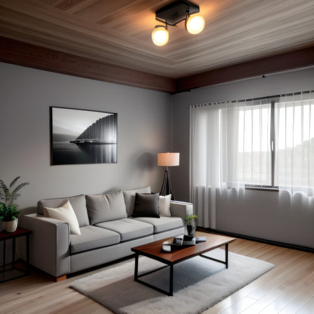 rendering of modern living room with grey open shelf with decorative wallの素材