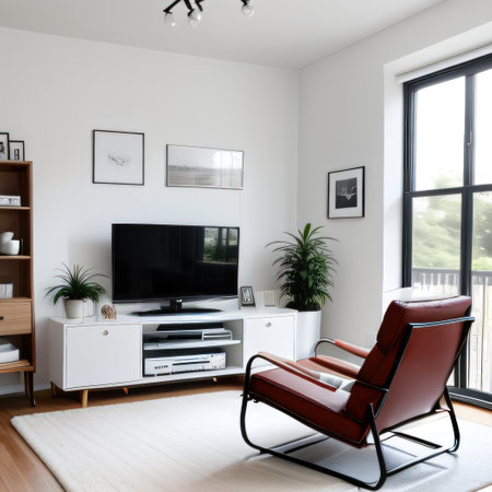 interior of modern living room with armchair, tv and plantsの素材