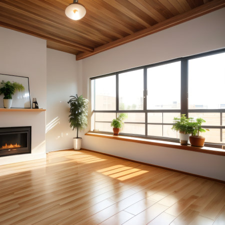 Empty room interior beige pot with wooden flooring renderingの素材
