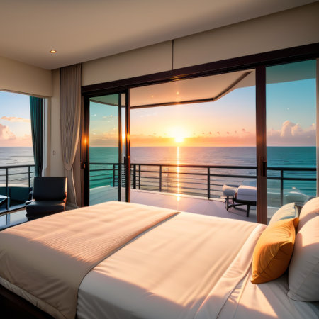 modern bedroom with a balcony looking out to the ocean during a sunsetの素材