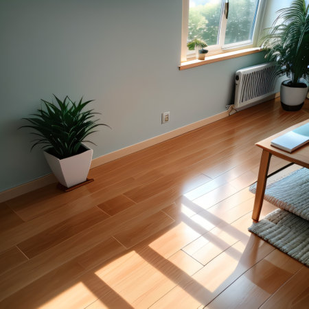 Light blue empty vase with plant and wooden floor with interesting lightの素材