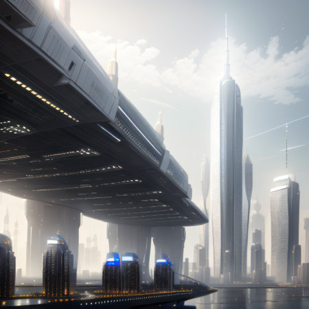 White light futuristic city scape with robots fine artの素材