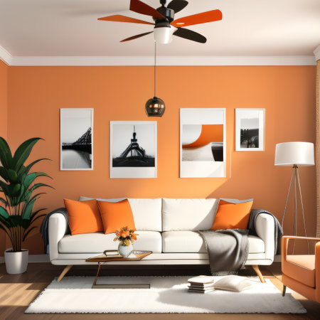 Four empty vertical picture frames in a modern living room with whiteの素材