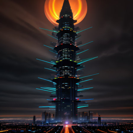 Futuristic skyscraper cityscape glows in multi colored flame at duskの素材