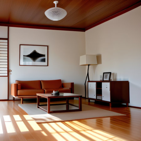 An empty picture frame in a modern and minimalist style living room withの素材