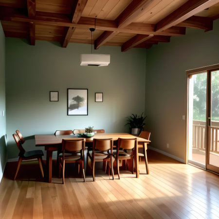 Dining room interior with wood table in rustic Neutral sage green emptyの素材