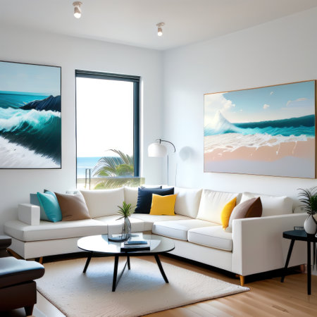 Bright minimalistic contemporary design for living room with huge paintingの素材