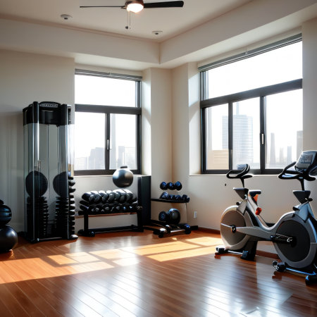 Modern gym equipment layout in a fitness centerの素材