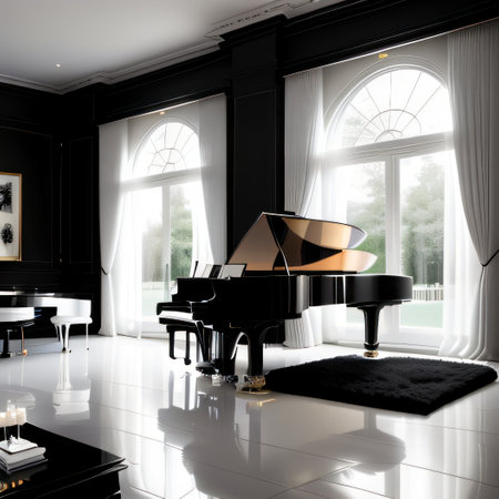 Elegant and modern white and black living room with a grand piano andの素材