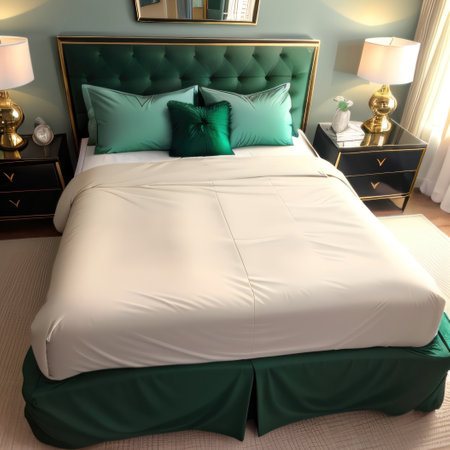 A modern bedroom with golden accents features a king size bed with beddingの素材