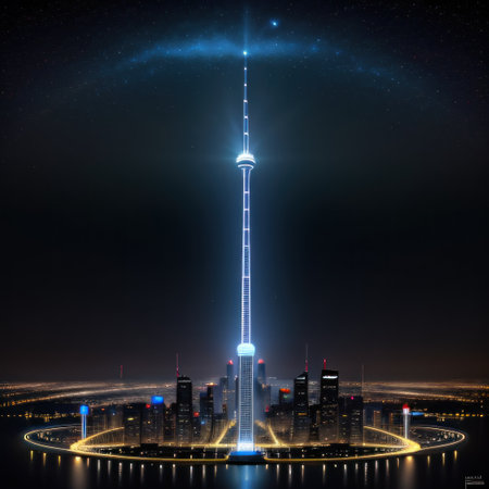 Abstract skyline at night in the future with light created byの素材