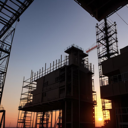 silhouette of engineer and worker working on construction site at sunsetの素材