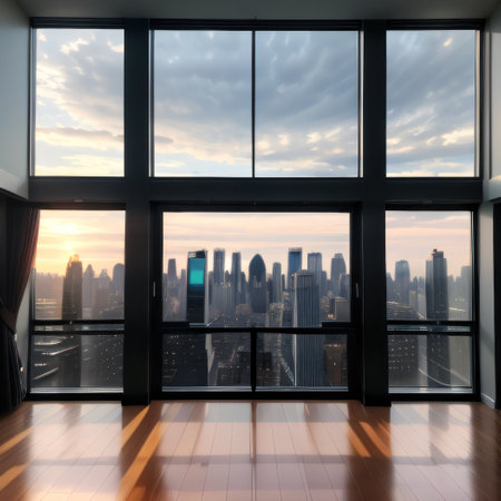 Panoramic skyline and buildings with many glassの素材