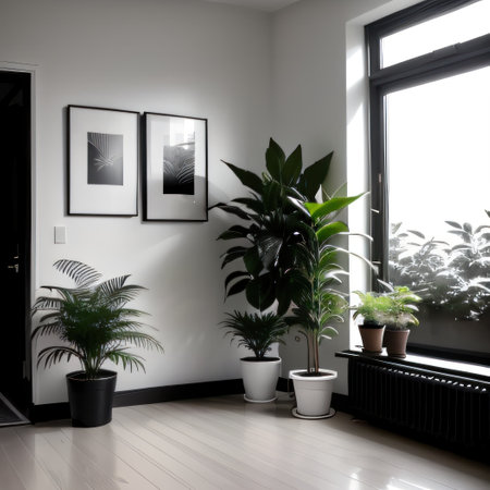Photo dark wall empty room with plants on a floorの素材