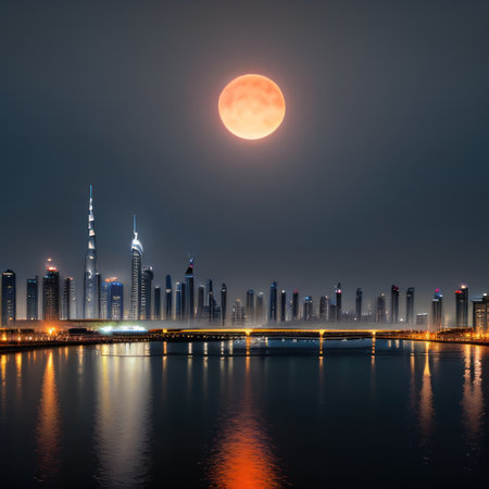Dubai city skyline at dusk UFOの素材