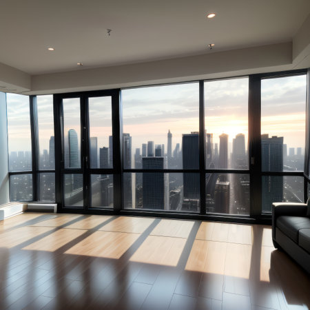 Panoramic skyline and buildings with many glassの素材