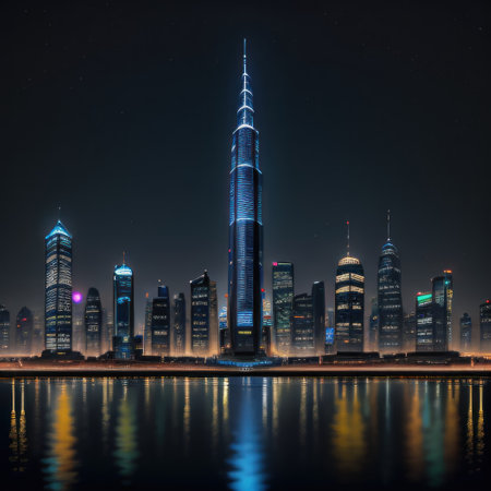 night scene of modern city with skyscrapers and reflection in waterの素材