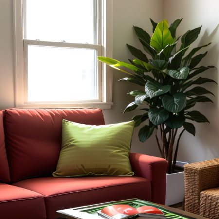 Well Lit Living Two Plants in Planters on Out of Focus Couch with Pillowsの素材