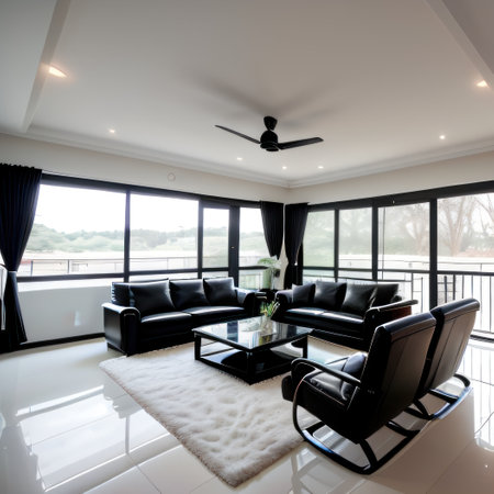 Luxurious contemporary black and white living room with kitchenの素材