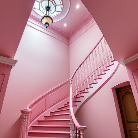the pink color of the living room and staircase are brightの素材