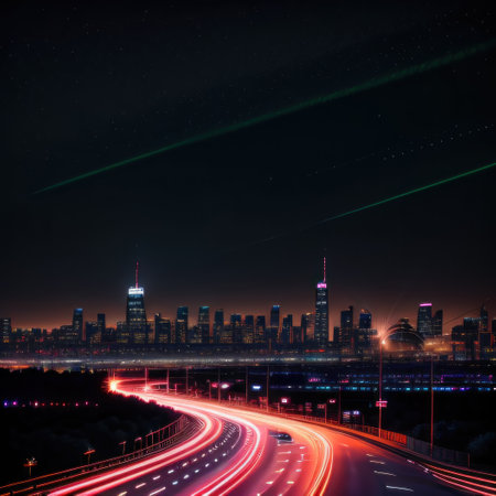 Neon futuristic city skyline at nightの素材