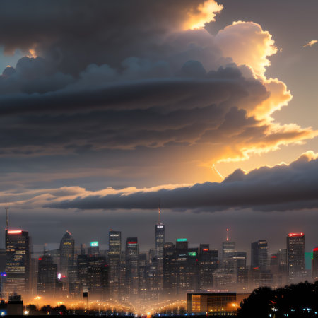 A riding a bike down a street next to a tall buildingsの素材