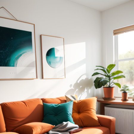 Teal curved sofa with orange pillows against white wall with Scandinavianの素材