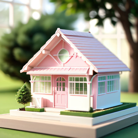 Minimalistic of a model house isolated on and text withの素材