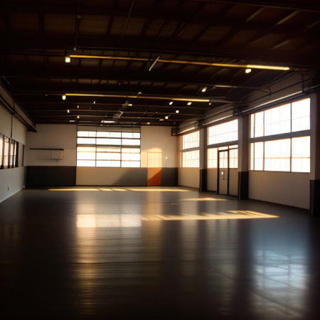 A black question mark standing in the middle of an empty warehouse or gymの素材