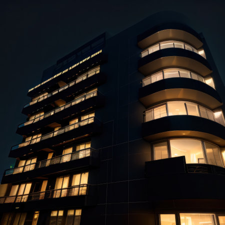 Captivating scene of illuminated residential building at exuding warmthの素材