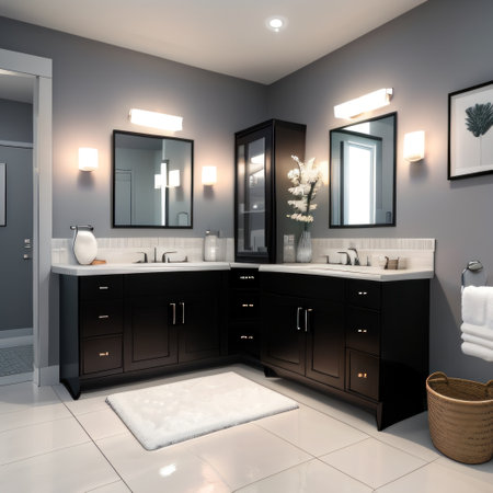 Dark modern bathroom with round mirror and washing machineの素材