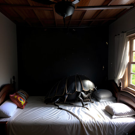 A huge shadow from a bed tick or spider falls on the bed at Concept ofの素材