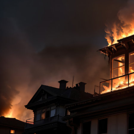 Burning commercial building engulfed in Burning house upper floor andの素材