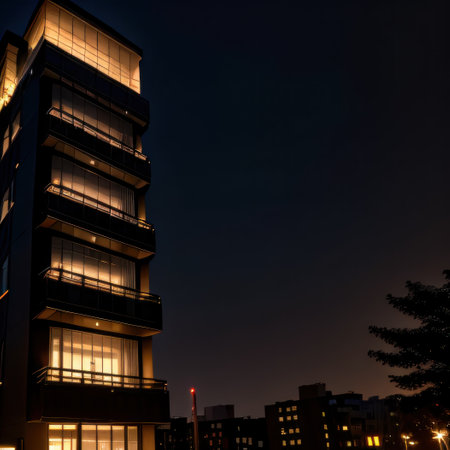 Captivating scene of illuminated residential building at exuding warmthの素材