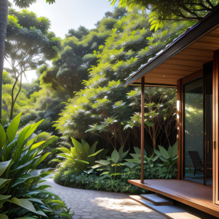 Photo of a modern house surrounded by lush greeneryの素材