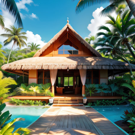 tropical house surrounded by palmの素材