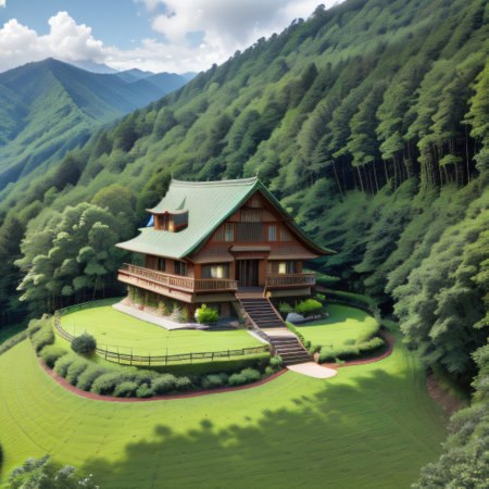 Hillside in temple in the green landscapeの素材