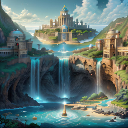 Fantasy city coastal water islandの素材