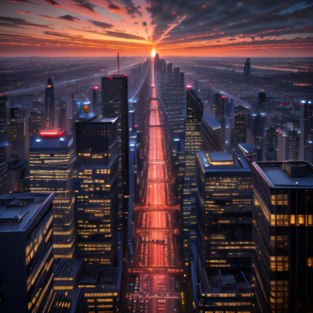 A city skyline at with illuminated buildings and reflections on aの素材