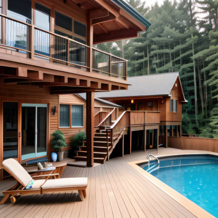 Swimming pool with stair and wooden deck atの素材