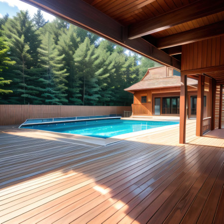 Swimming pool with stair and wooden deck atの素材