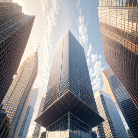 Low angle view of skyscrapers in New York City, USA.の素材