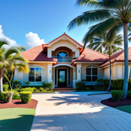 Gorgeous beach house with palm trees and landscaping perfect for vacationの素材