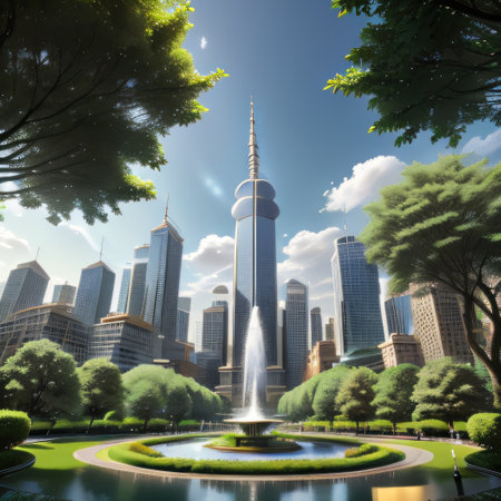 an futuristic city with lots of green plants on the roof and trees growingの素材