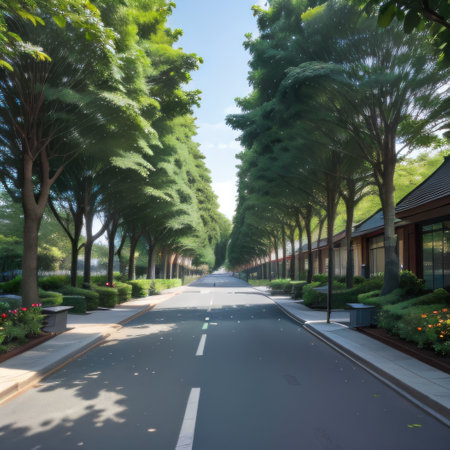 view of a modern city street with lots of trees and greeneryの素材