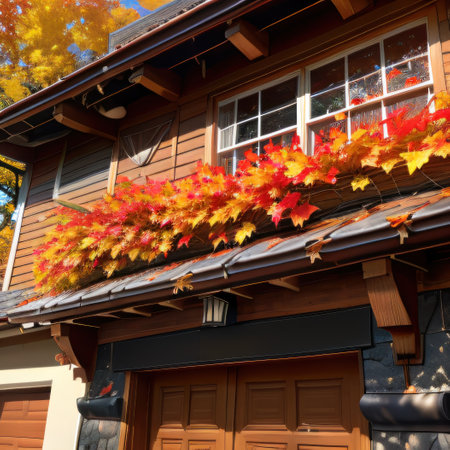 Autumn leaves in the roof drainの素材