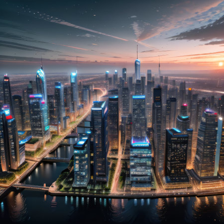 A futuristic city skyline with smart buildings equipped with systemsの素材