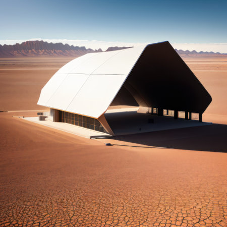 A futuristic building standing alone in the vast desert landscapeの素材