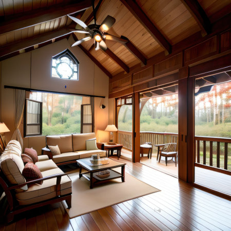 A backyard patio with elegant outdoor furniture autumn home decorの素材